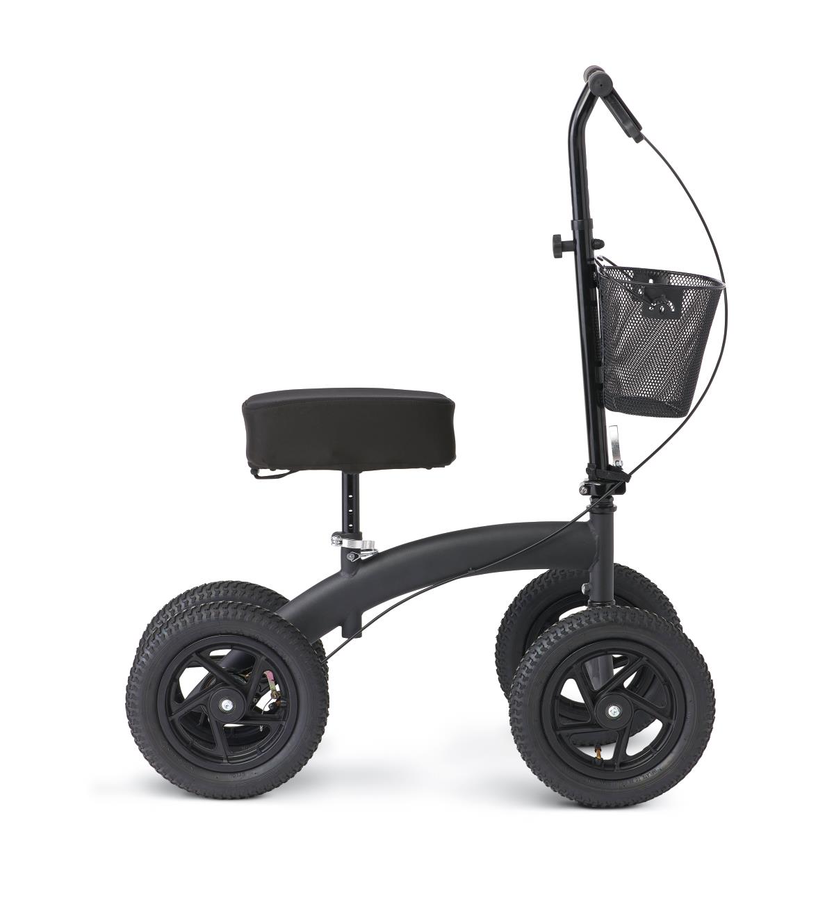 4 all-terrain rubber wheels move easily over indoor and outdoor surfaces; Height adjustable for individuals recovering from a lower-leg injury