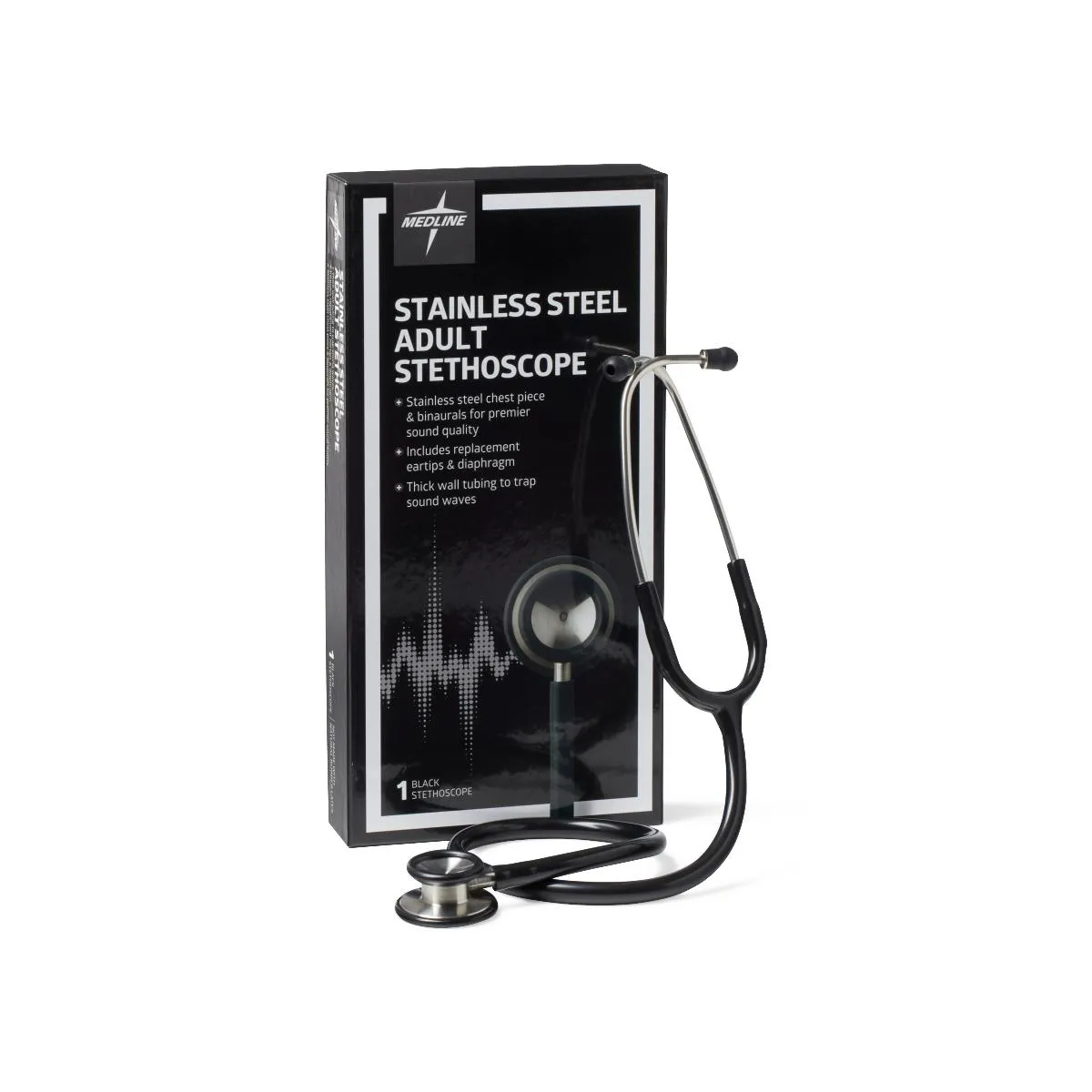  Adult Elite  Stainless Steel Stethoscope Durable, 22-inch  Medline  - Black