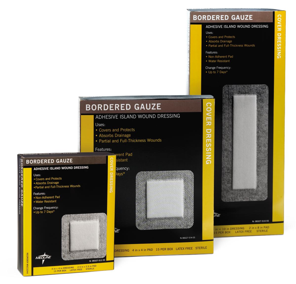 Medline bordered gauze Deluxe soaker pad with non-woven adhesive border. Water resistant backing ideal for incision sites, pressure ulcers, and partial and full-thickness wounds.