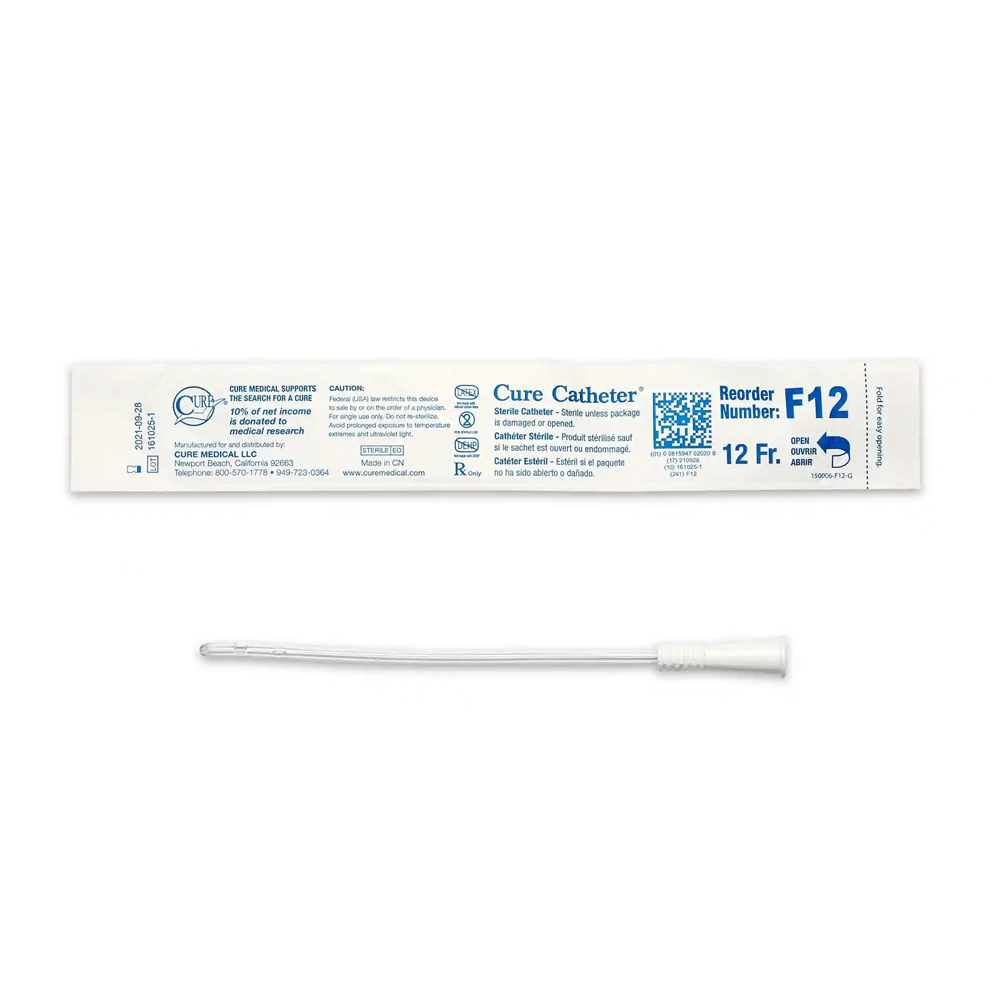 Cure Catheter® Urethral Catheter, Coude Tip, Uncoated PVC, 12FR, 16 Inch, 30 per Box - White