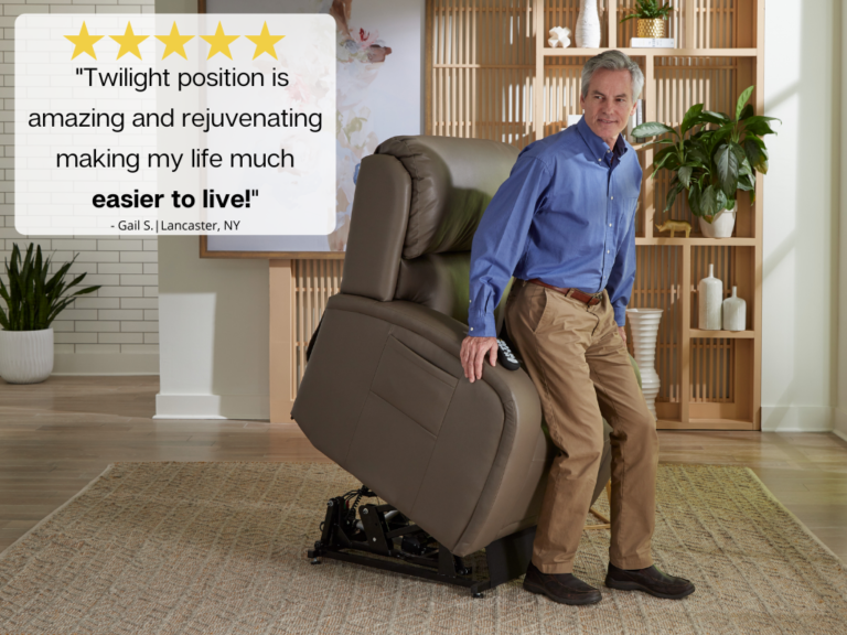 the  luxurious power lift recliner features two incredible patents combining our extremely popular 