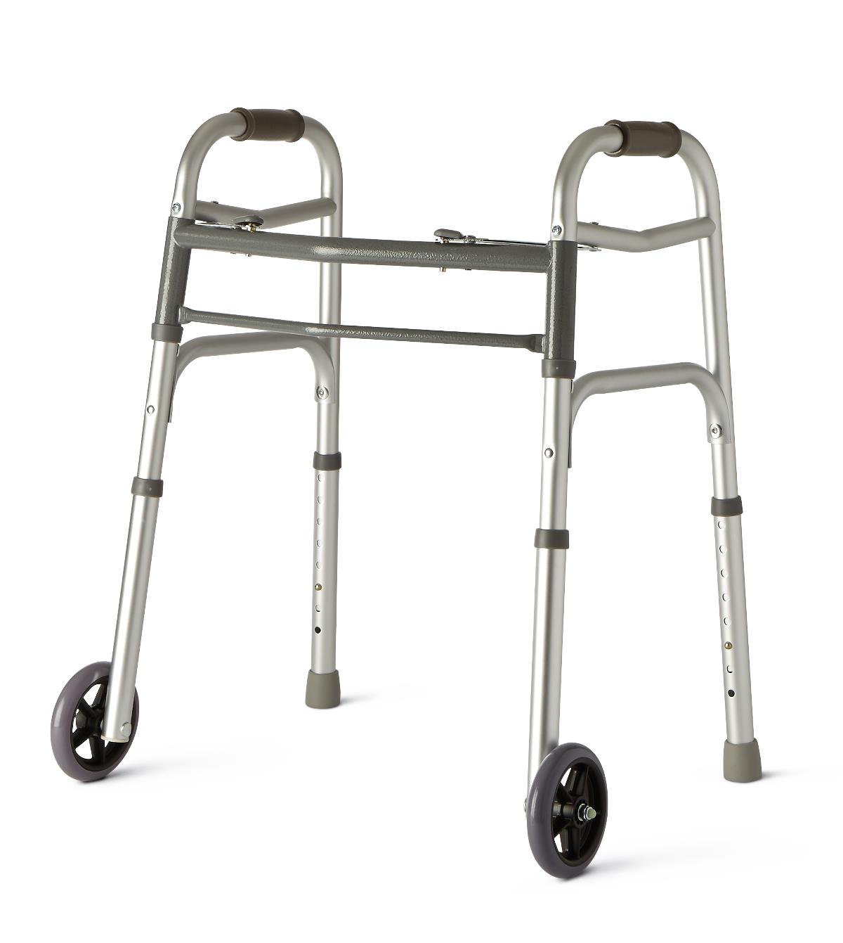 Two Button Folding Walker with Wheels Easily fold Medline  - Silver
