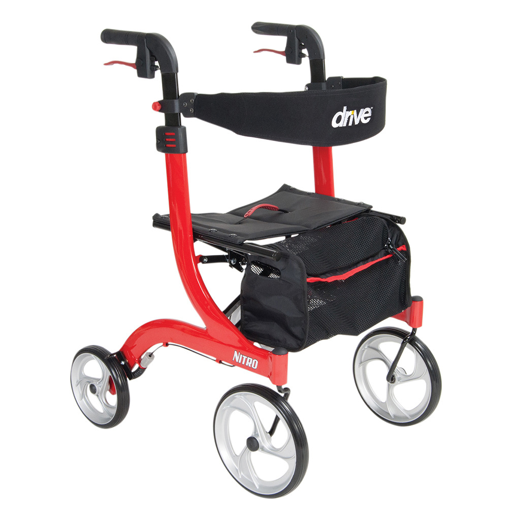 Nitro Aluminum Rollator Tall height ideal for users 6'0" and above; Attractive, Euro-style design; Brake cable inside frame for added safety; Handle height easily adjusts with