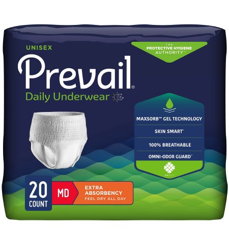 Unisex Adult Absorbent Underwear Prevail® Daily Underwear Pull On with Tear Away Seams - White, Medium