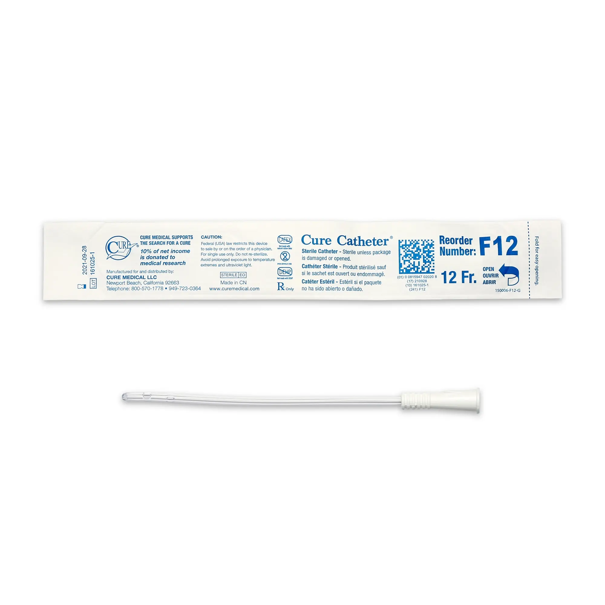 Cure Medical™ Urethral Catheter, Straight Tip, 6" Length, 12FR, 30 per Box - White