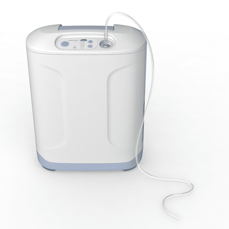 The Inogen At Home oxygen concentrator is compact and lightweight. Weighing just 18 pounds and measuring only 16.5- inches tall, 7-inches deep