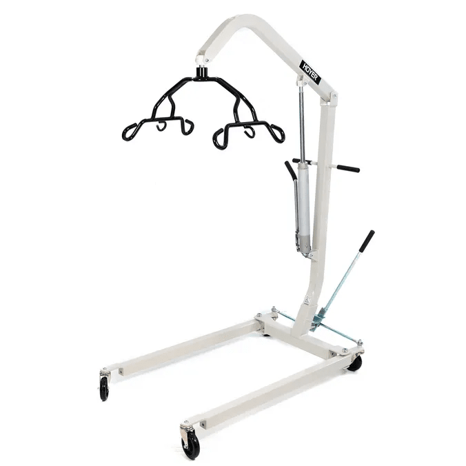 Features include durable steel construction, a push handle, a padded swivel bar and two locking rear casters. The ProBasics Hydraulic patient lift