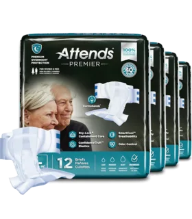 Attends® Premier Heavy Absorbency Adult Incontinence Briefs – Large, Unisex, Overnight Protection Case of 48