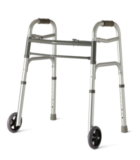 Two Button Folding Walker with Wheels Easily fold Medline  - Silver