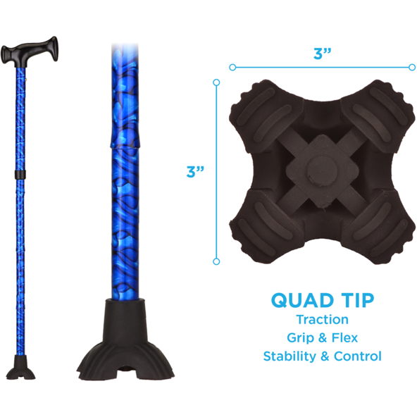 FOLDING CANE QT BLUE WAVES Mini Quad Cane Tip 652308146371