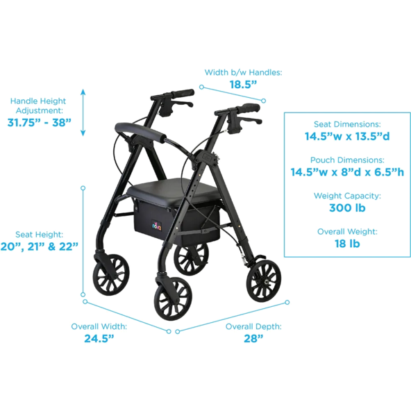 STAR 8 Rollator Walker, 8 Wheels & Standard Size, Black NOV-4288BK