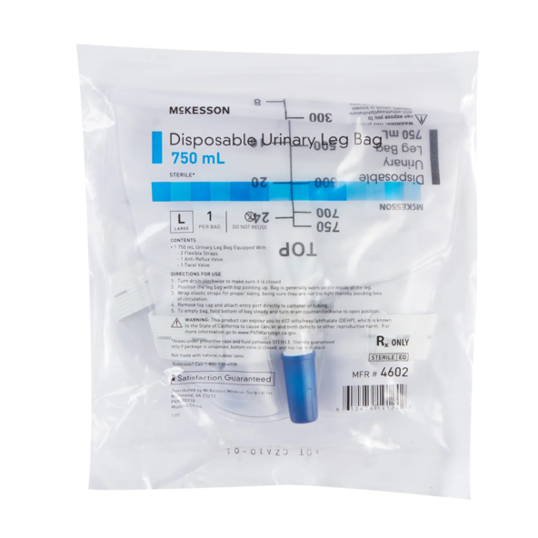  Urinary Leg Bag McKesson Anti-Reflux Valve Sterile 750 mL Vinyl - 854583